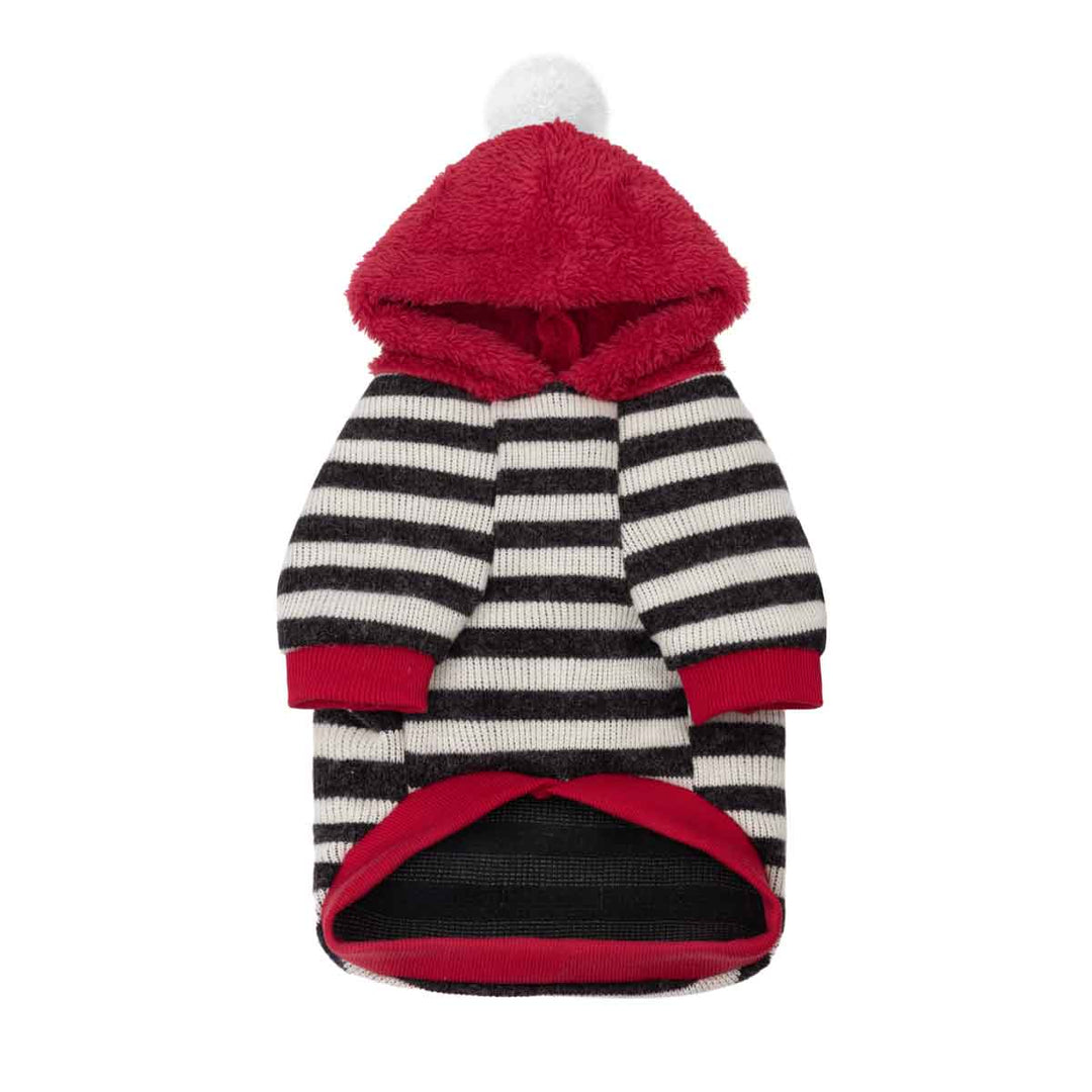 Knitted dog hoodie design with classic stripes and adorable pom pom hood