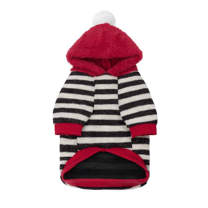 Knitted dog hoodie design with classic stripes and adorable pom pom hood
