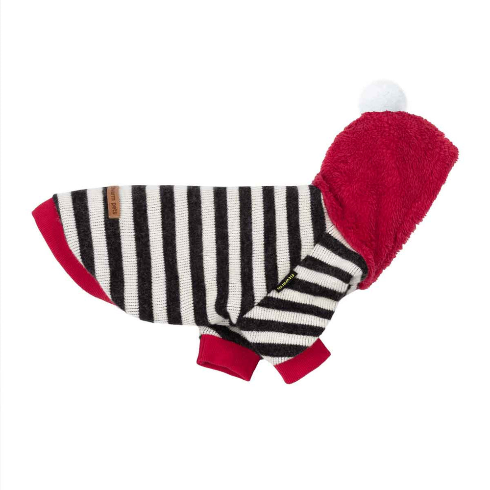 Fuzzy hoodie for dogs with black and white vertical stripes, featuring a plush red hood with a white pom-pom and red trim
