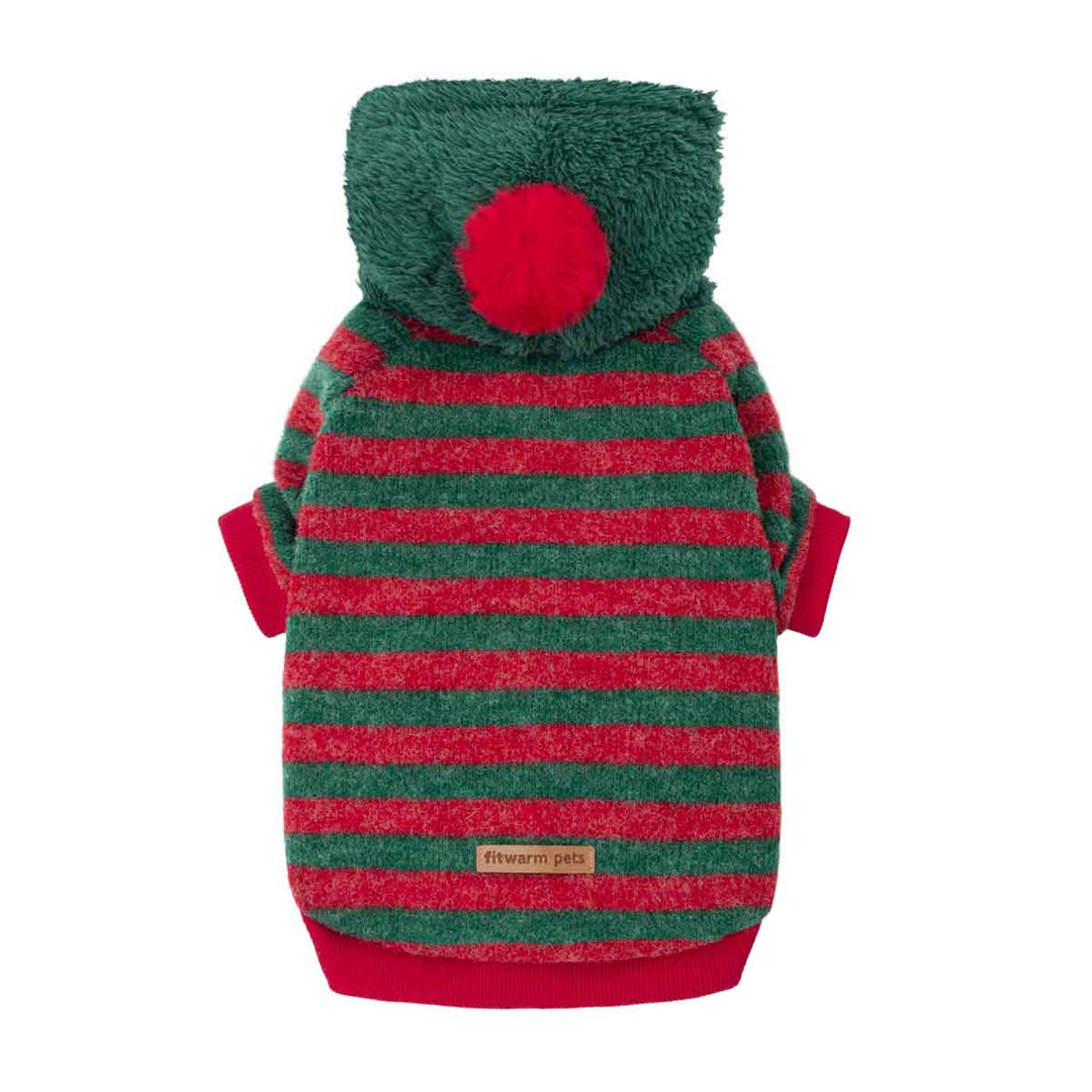 Red and green striped fleece dog hoodie with a fluffy green hood featuring a red pom-pom, shown against a plain white background