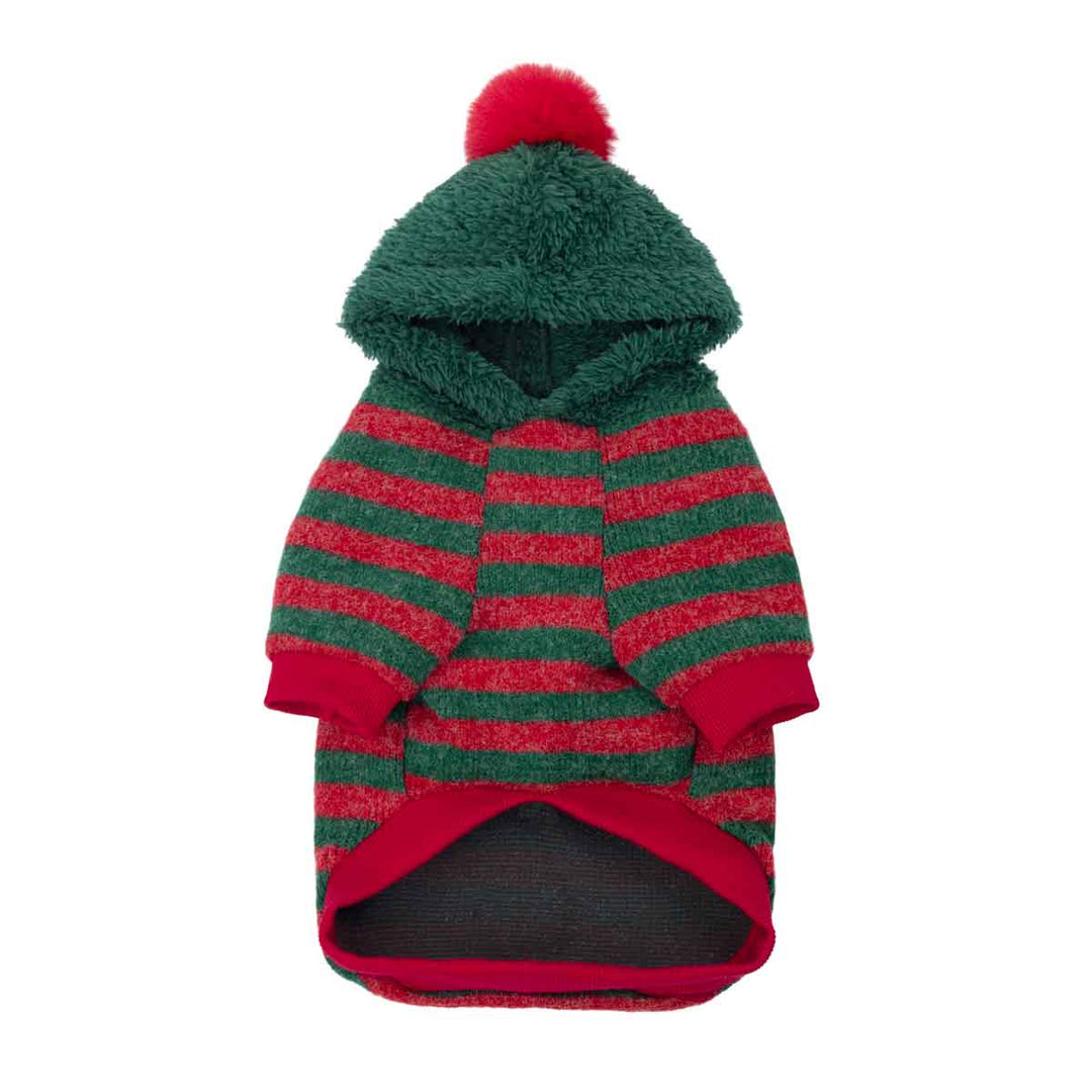 Christmas hoodie for dogs with green and red stripes, featuring a green fuzzy hood with a red pom-pom and red cuffs
