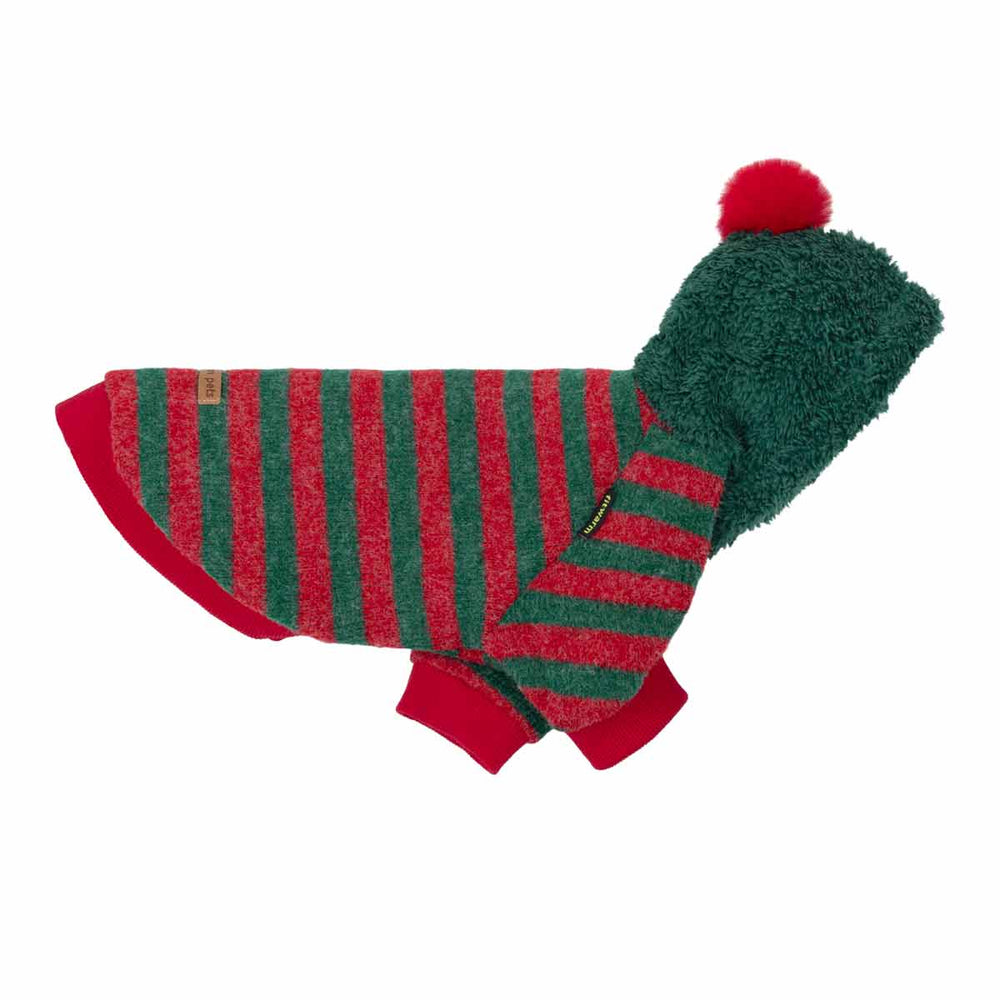 Side view of dog hoodie in red and green striped fleece with a plush green hood, red pom-pom, and red ribbed cuff.