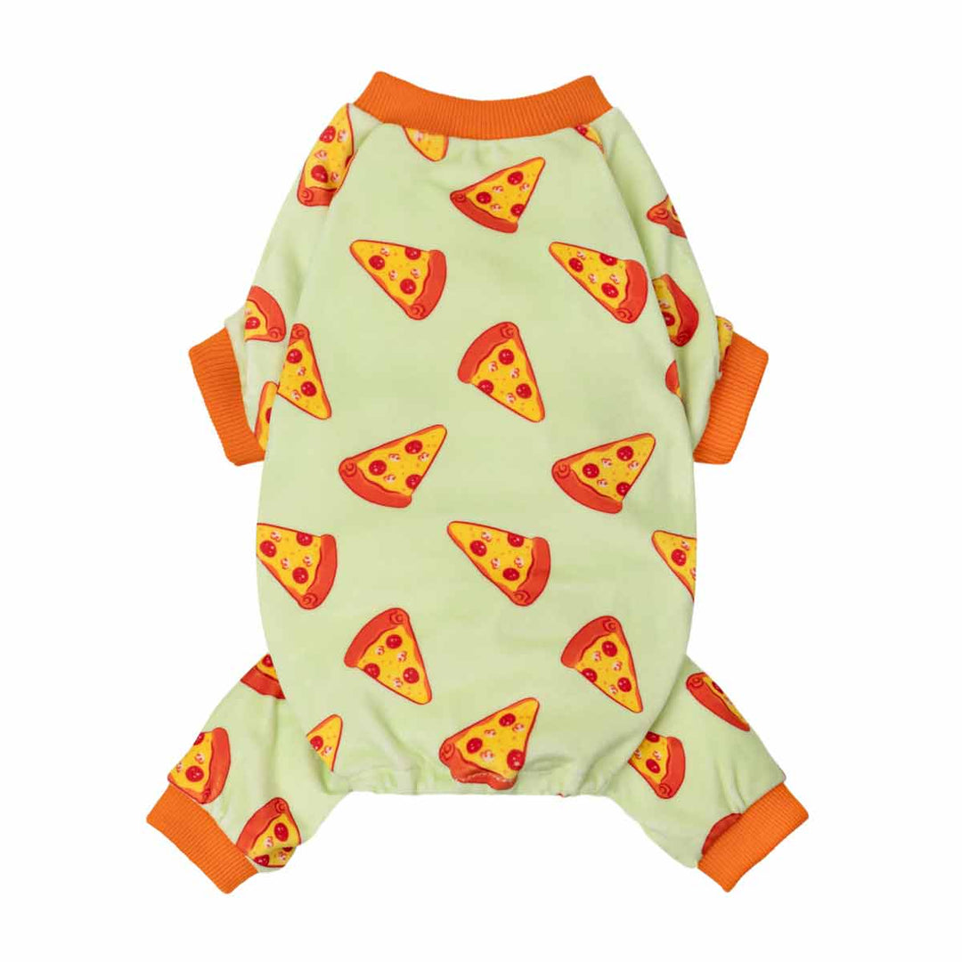 Light green dog pajamas onesie featuring a repeat pizza slice pattern and orange ribbed cuffs.