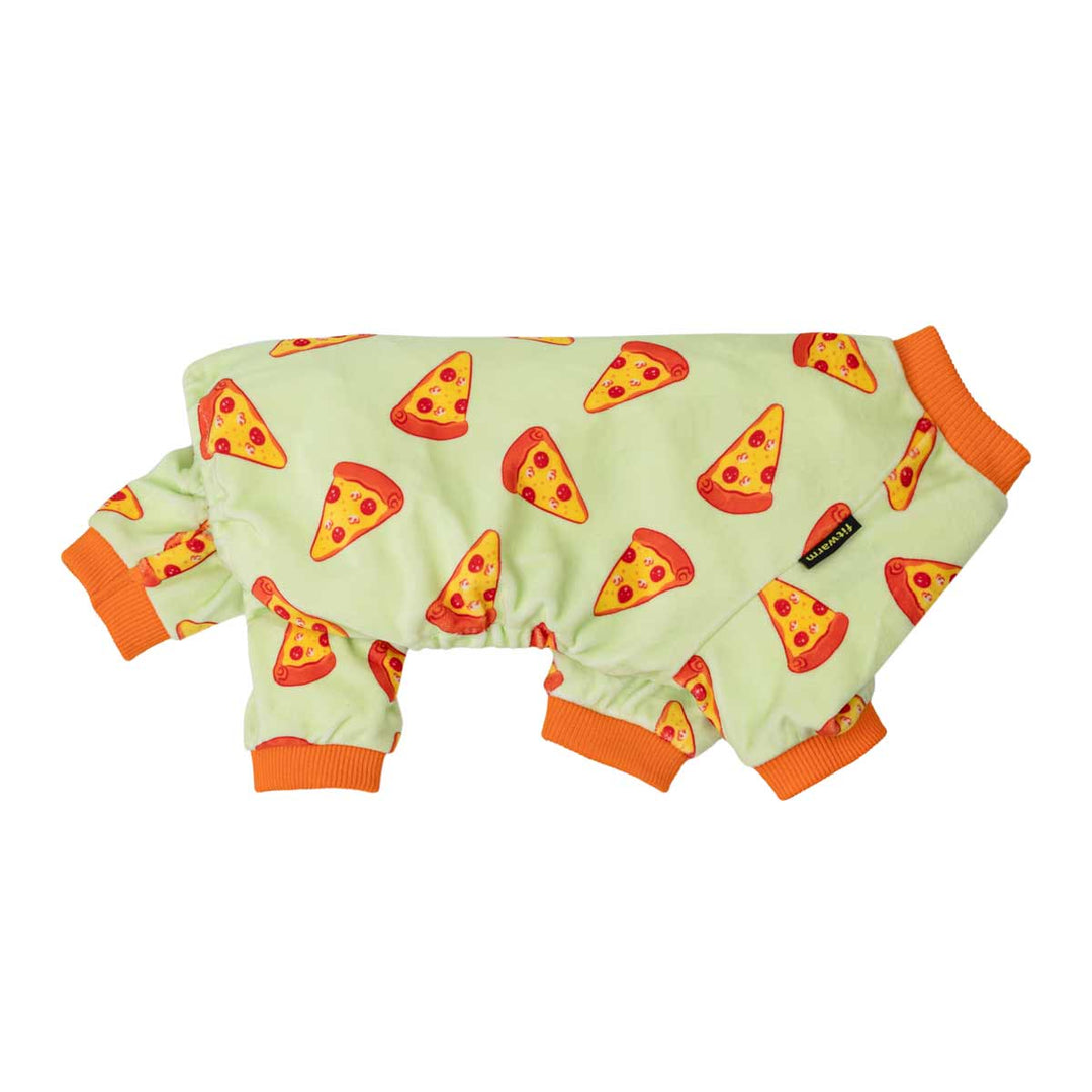 Light green dog pajamas with repeating pizza slice print and orange cuffs. Fitwarm tag.