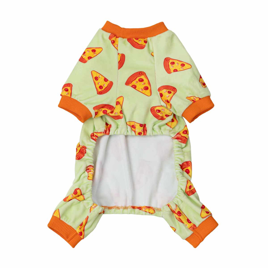 Pizza slice print dog pajamas in light green with orange ribbed cuffs and collar.