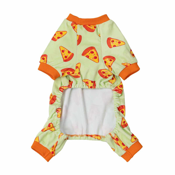 Pizza slice print dog pajamas in light green with orange ribbed cuffs and collar.