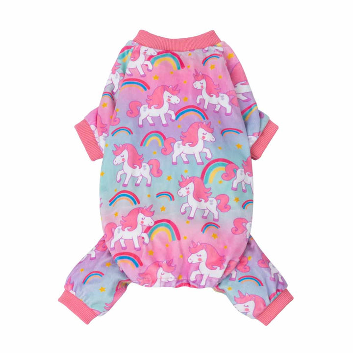 Rainbow unicorn dog pajamas with pastel pink and blue tie-dye background and pink cuffs.