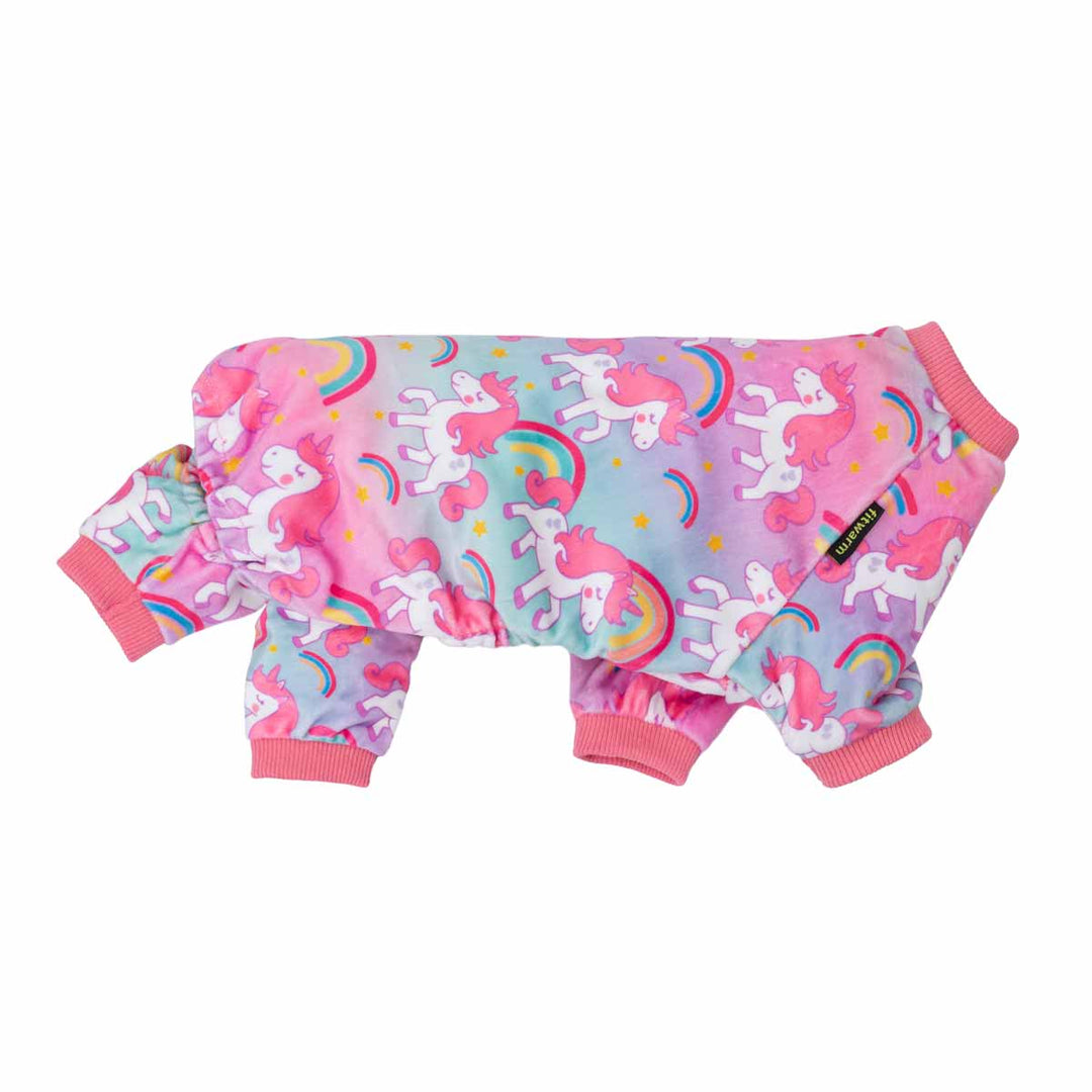 Rainbow unicorn dog pajamas in pastel colors with pink cuffs. Features unicorns, rainbows, and stars.