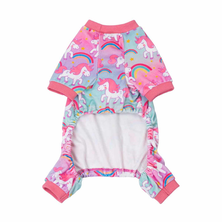 Rainbow unicorn dog pajamas in pastel pink and blue with rainbow and star accents and pink cuffs.