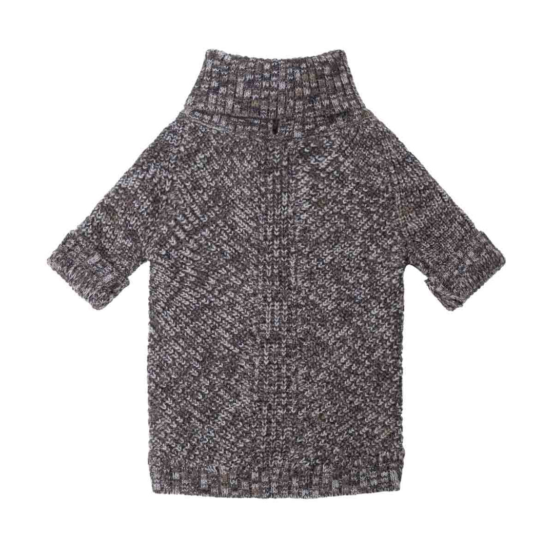 Small knitted sweater for dogs with a turtleneck and short sleeves, featuring a  brown and white heathered pattern, shown against a plain white background