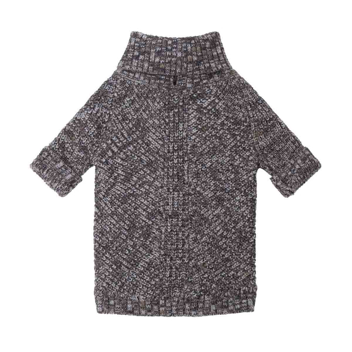 Small knitted sweater for dogs with a turtleneck and short sleeves, featuring a  brown and white heathered pattern, shown against a plain white background