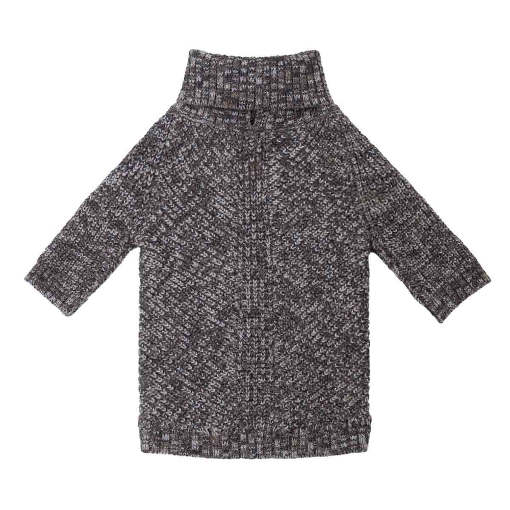 Long-sleeve dog turtleneck sweater featuring a textured heathered pattern of bronw, and white yarns, shown against a plain white background