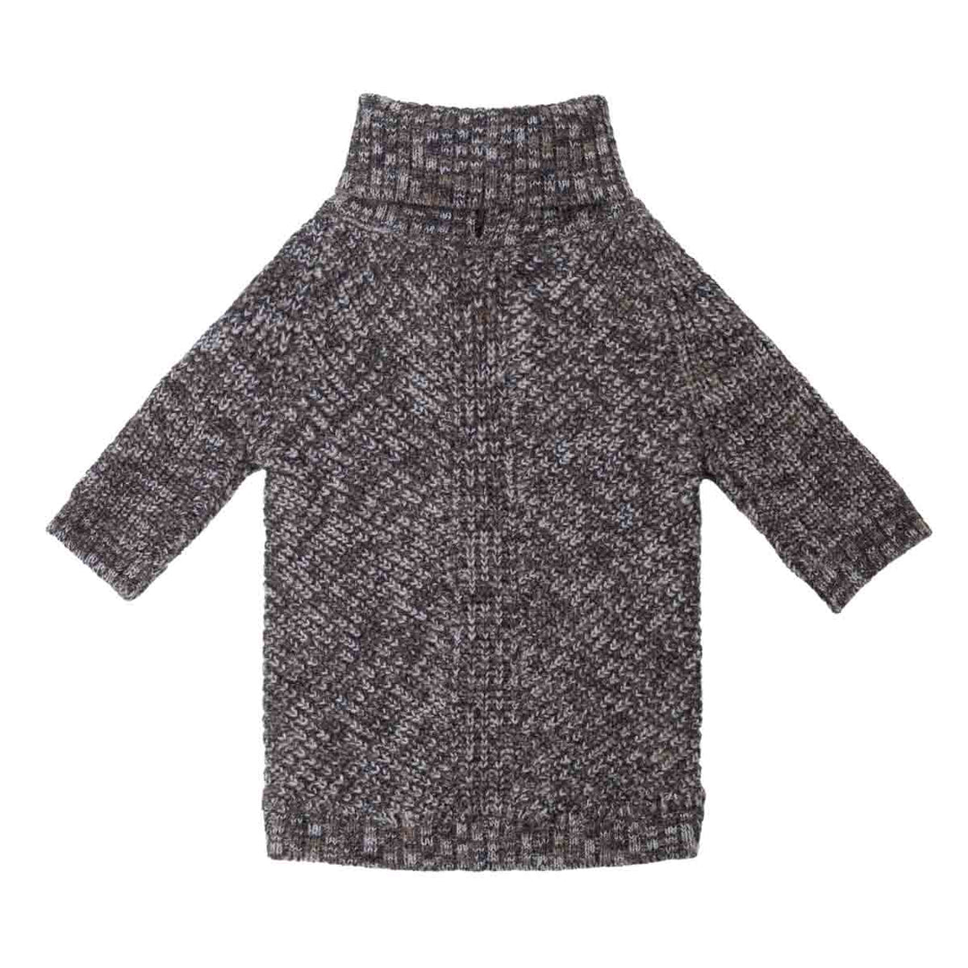 Long-sleeve dog turtleneck sweater featuring a textured heathered pattern of bronw, and white yarns, shown against a plain white background