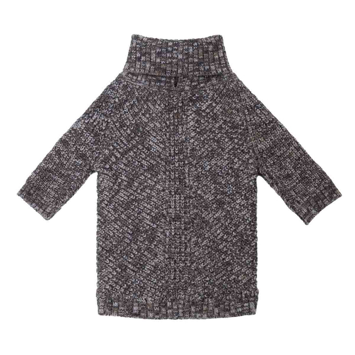 Long-sleeve dog turtleneck sweater featuring a textured heathered pattern of bronw, and white yarns, shown against a plain white background
