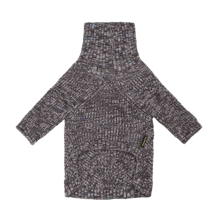 Long-sleeve dog knitted sweater with a turtleneck and a marled brown and black textured pattern, shown flat on a white background