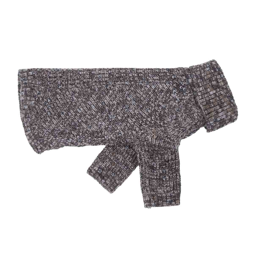 Brown and black knitted sweater for dogs with turtleneck design, shown against a plain white background