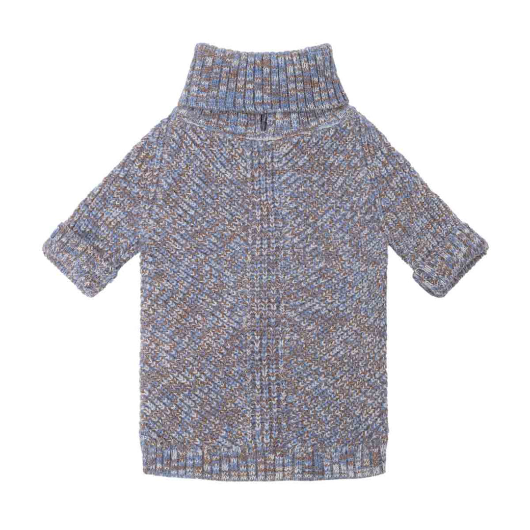 Turtleneck dog knitted sweater featuring a heather pattern of blue, gray, and brown yarns, shown against a plain white background
