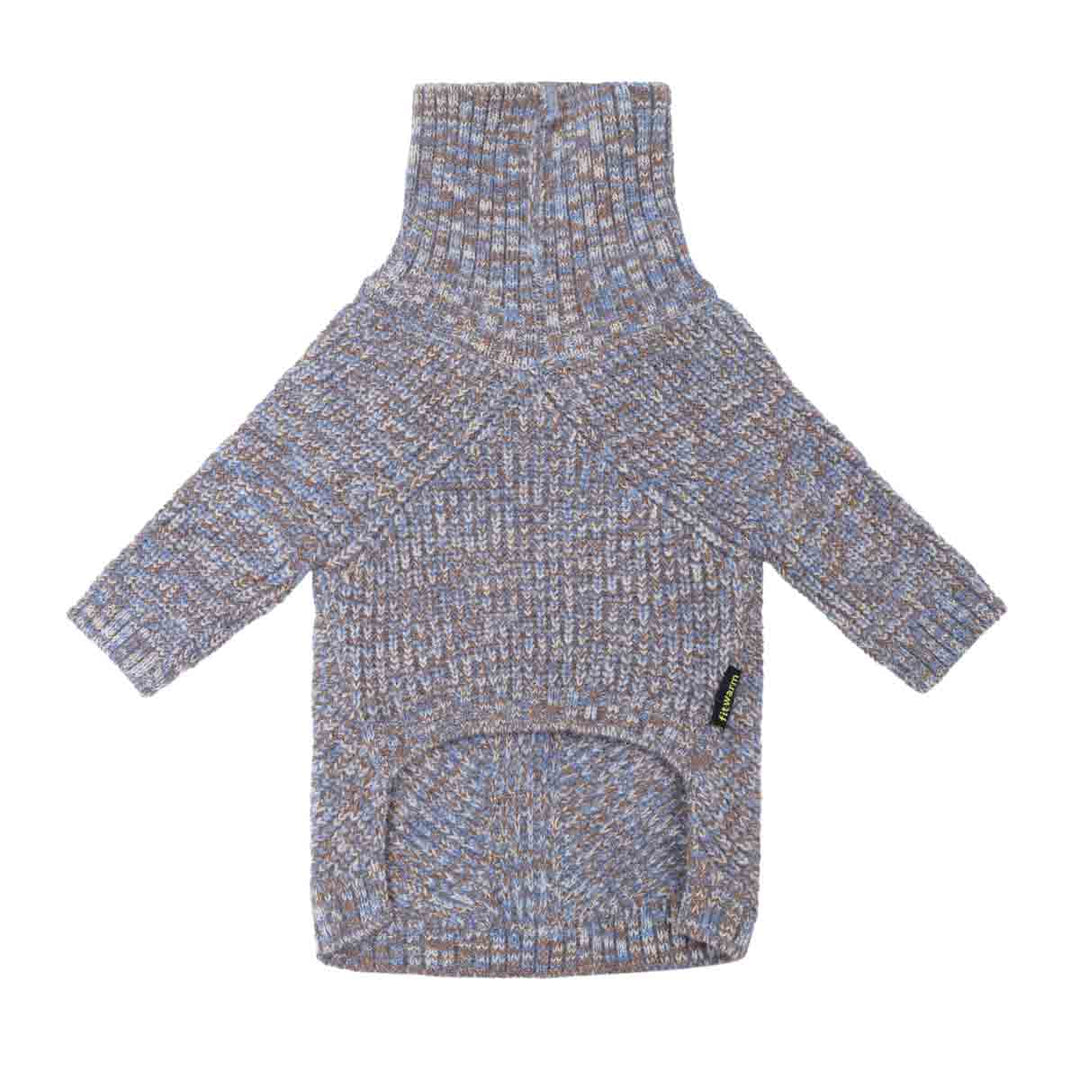 Cozy dog sweater with a high ribbed collar shown flat on a white background. The knit fabric is a heathered blend of light blue, beige, and gray