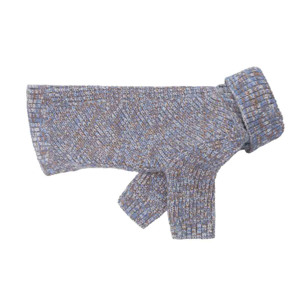 Winter sweater for dogs with a textured, heathered pattern of blue, gray, and brown threads, shown on a plain white background