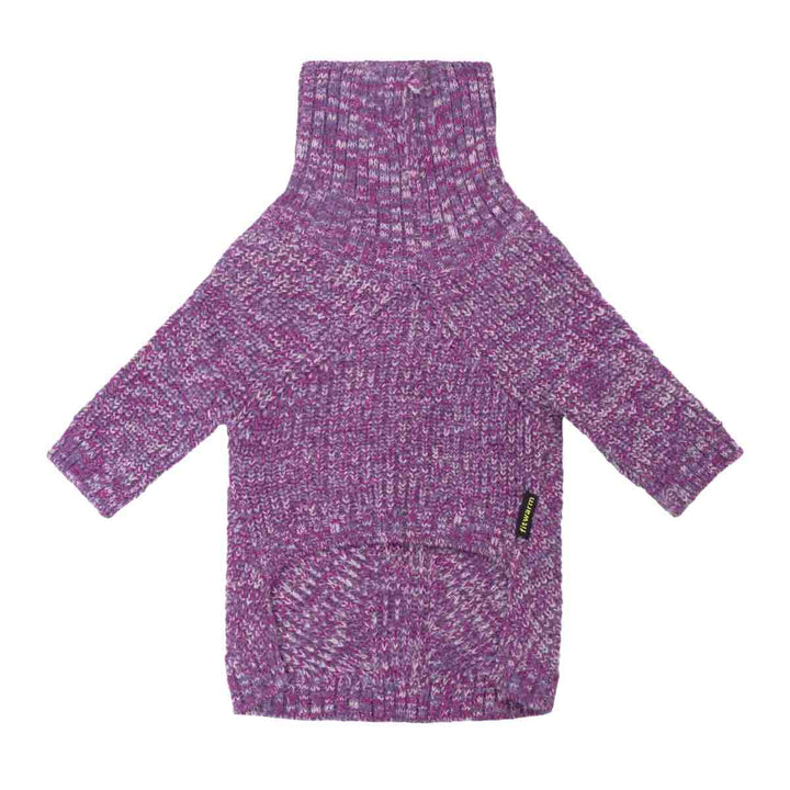 Purple heathered knit sweater for dogs with a high ribbed collar, long sleeves, and a front patch pocket, shown against a plain white background