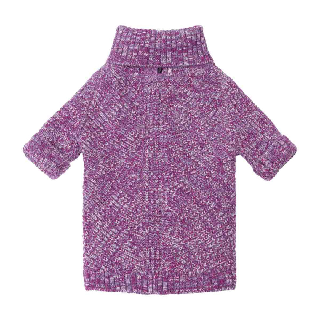 Purple and white heathered knitted sweater for dogs with a high ribbed collar and short sleeves, shown flat against a white background