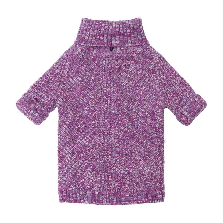 Purple and white heathered knitted sweater for dogs with a high ribbed collar and short sleeves, shown flat against a white background