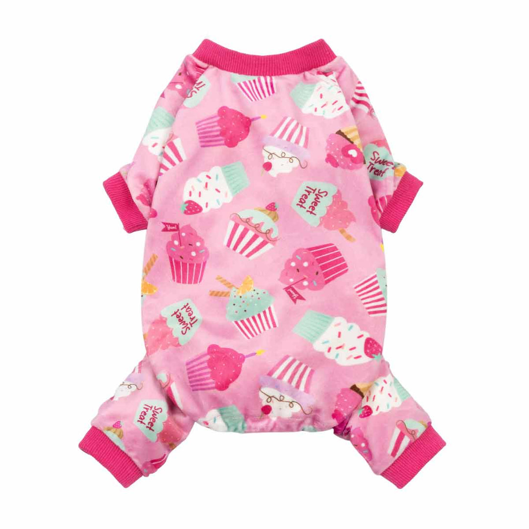 Pink dog pajamas with a sweet cupcake print and "Sweet Treat" text.
