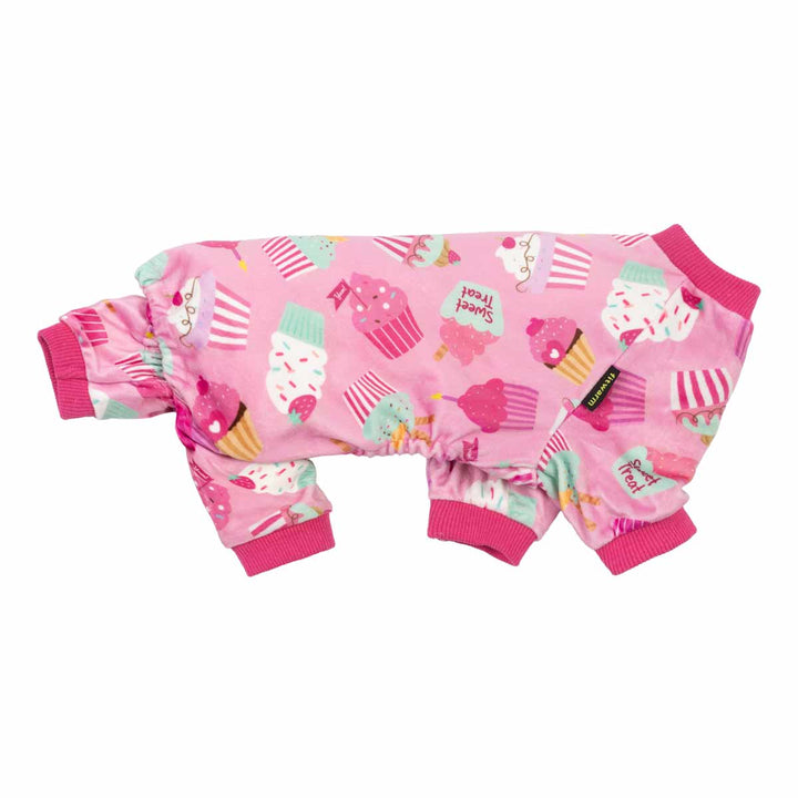 Pink dog pajamas with a sweet cupcake print and "Sweet Treat" text detail.
