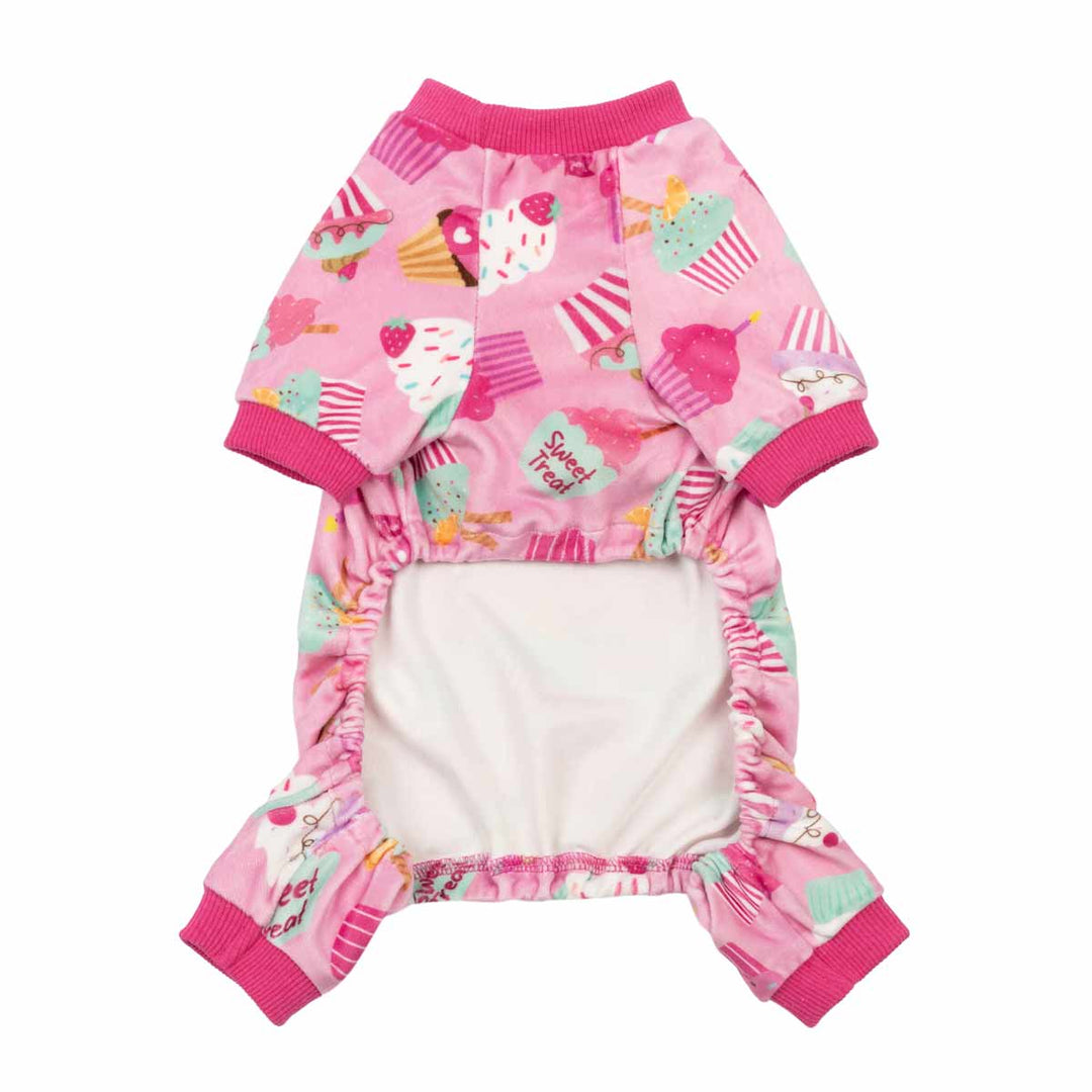 Pink dog pajamas with a sweet cupcake pattern, featuring full coverage and ribbed cuffs.