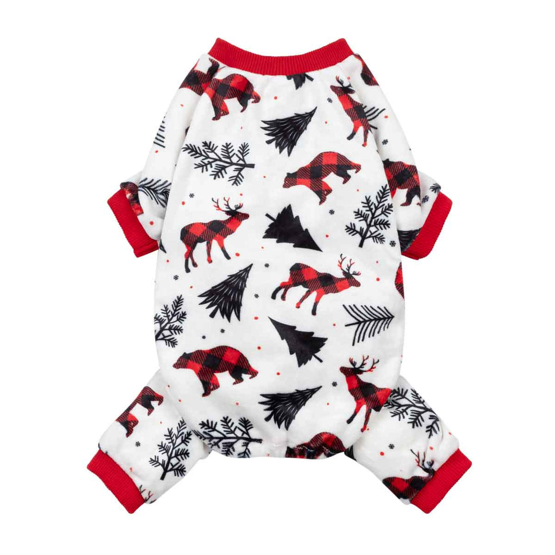 White dog pajamas with red cuffs, featuring buffalo plaid reindeer, bears, and Christmas trees for festive holidays.