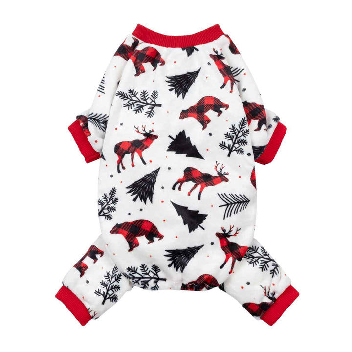 White dog pajamas with red cuffs, featuring buffalo plaid reindeer, bears, and Christmas trees for festive holidays.