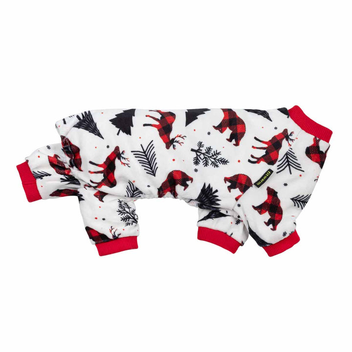 Christmas dog pajamas with red buffalo plaid bears, reindeer, and black pine trees on white background with red ribbed cuffs.