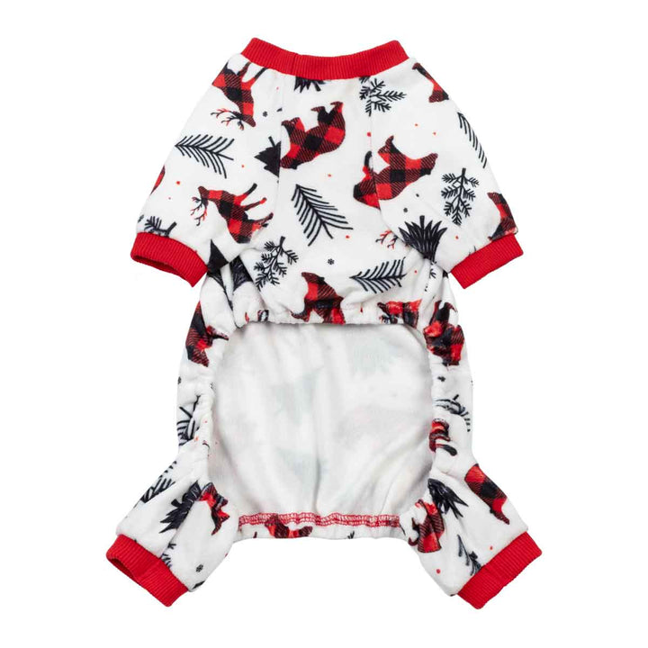 White dog pajamas with red plaid reindeer, black trees, and snowflake print. Festive Christmas outfit for dogs.