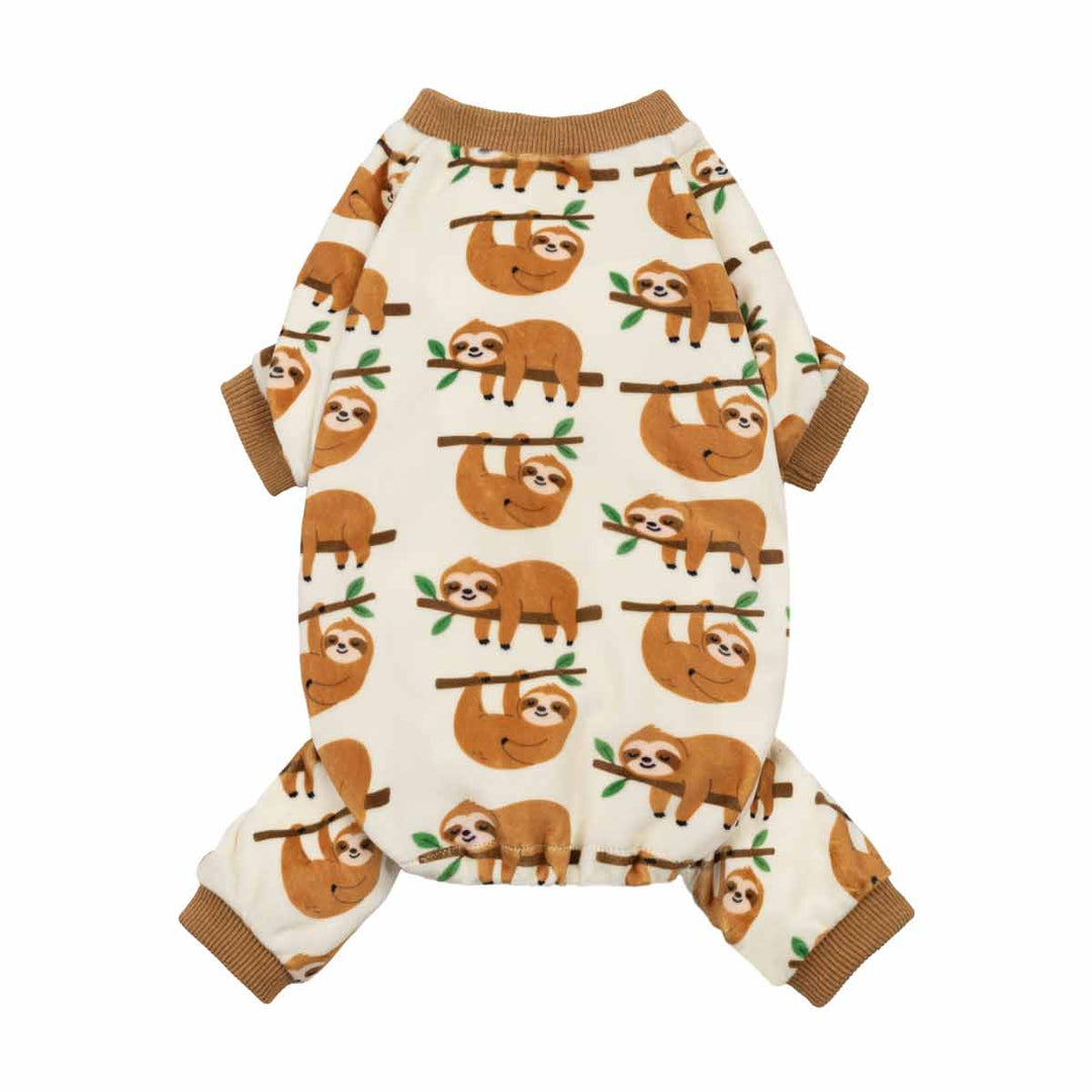 Dog pajamas featuring a cute sloth pattern in brown and cream tones, shown in a full-body back view