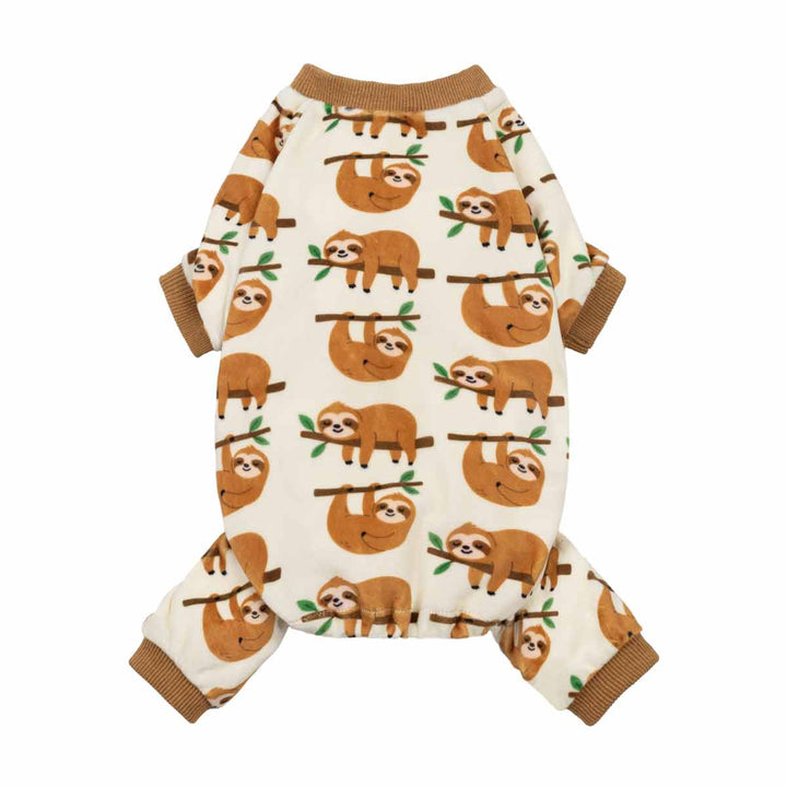 Dog pajamas featuring a cute sloth pattern in brown and cream tones, shown in a full-body back view