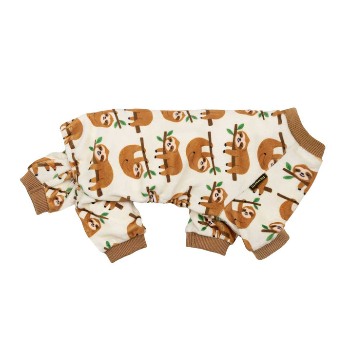 Lazy Sloth Dog Pajamas: beige onesie, sloth print on branches, brown ribbed cuffs.