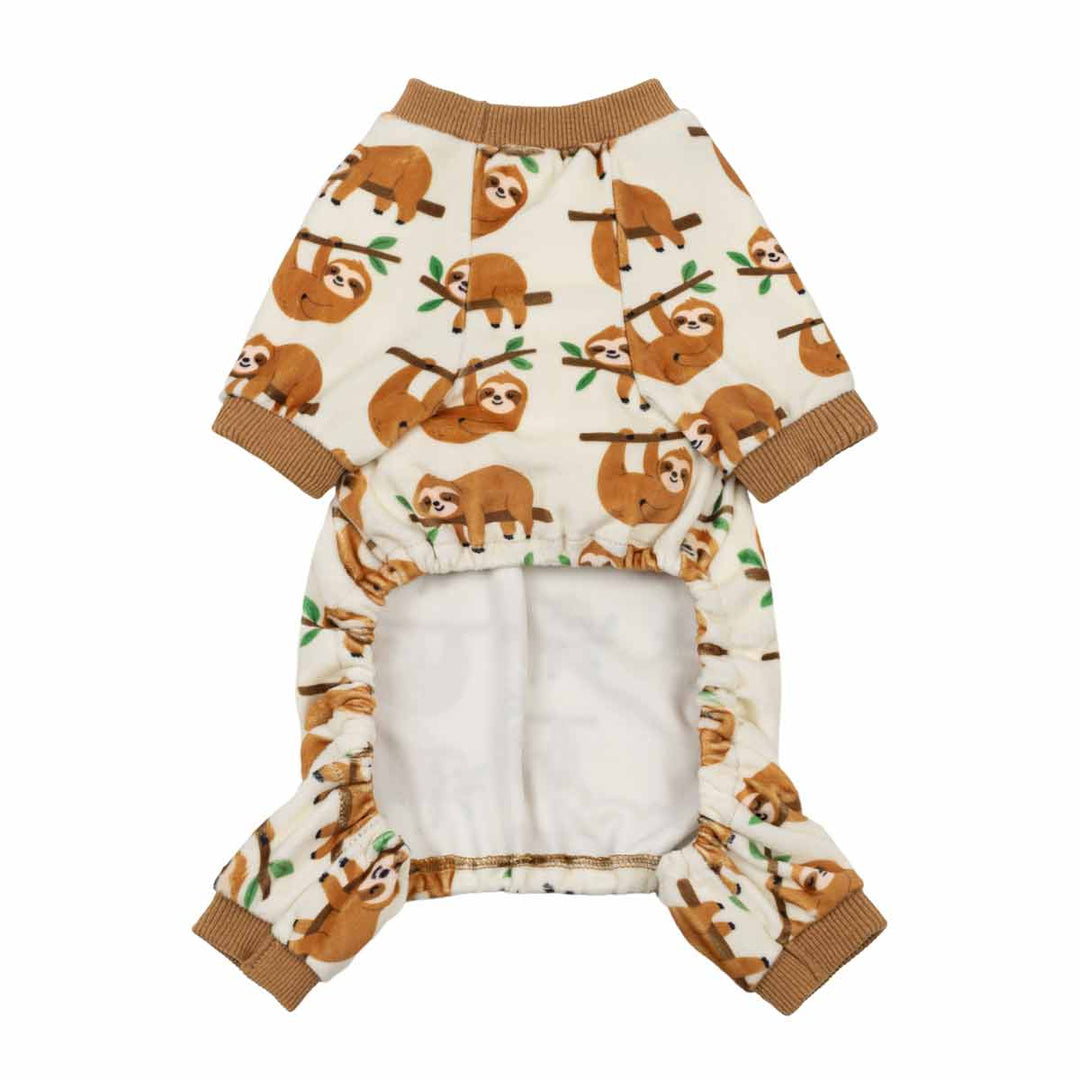Dog pajamas with playful sloth prints and ribbed cuffs, shown from the front with an open belly design.