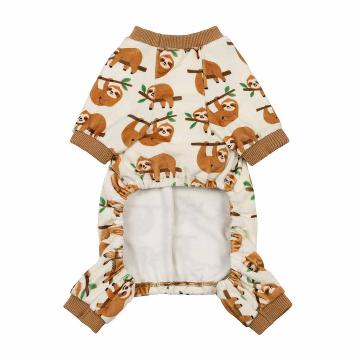 Dog pajamas with playful sloth prints and ribbed cuffs, shown from the front with an open belly design.
