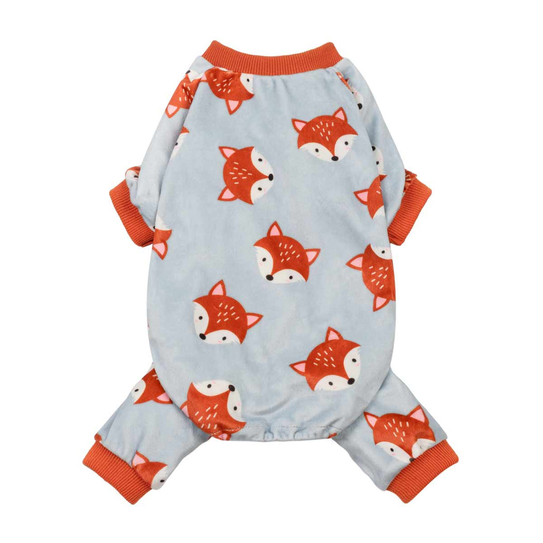 Light blue dog pajamas with all-over cartoon fox print and orange trim. Cozy full-body dog onesie for small pets.