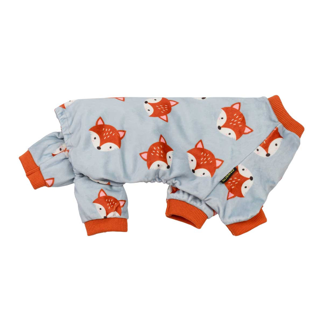 Light blue velvet dog onesie with all-over cartoon fox print and orange trim, four-legged design for small pets.