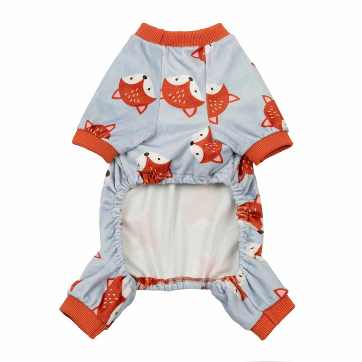 Light blue dog onesie with all-over fox print and orange trim, four-legged design for small pets.