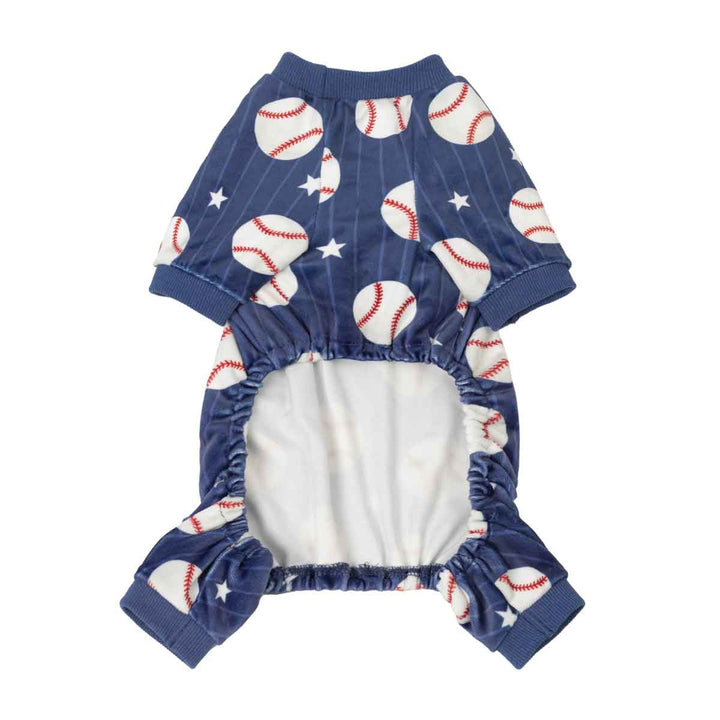 Dog onesie with baseball pattern on a white background