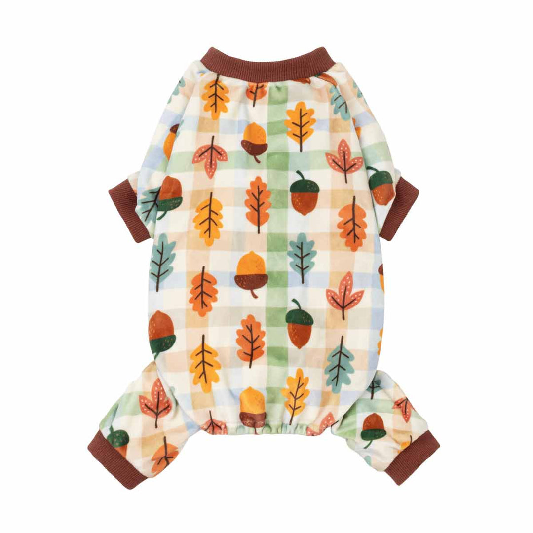 Thanksgiving dog pjs designed with a classic plaid base, acron and leaves prints