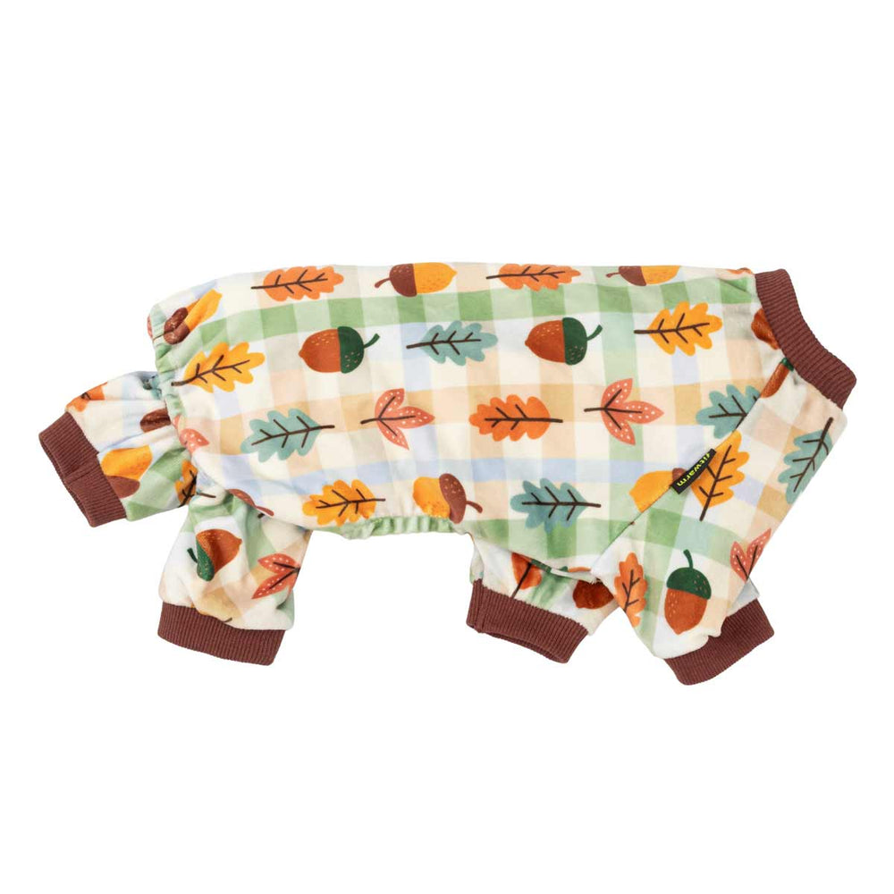 Side view of cozy dog onesie with Thanksgiving themed acorn and leave prints