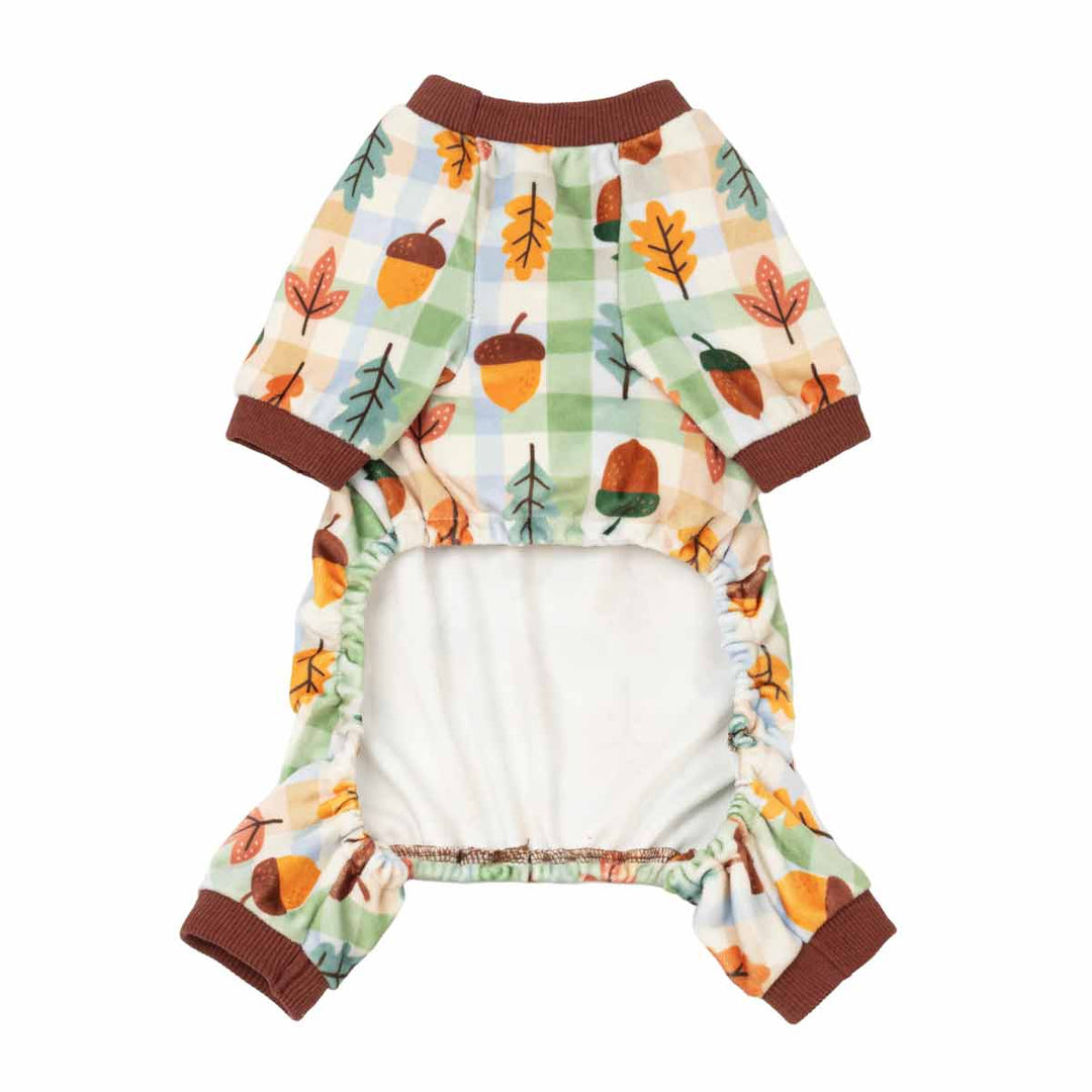 Small dog pjs with an autumn plaid pattern featuring acorns and leaves, brown ribbed cuffs and collar, and a white inner lining, shown on a plain white background