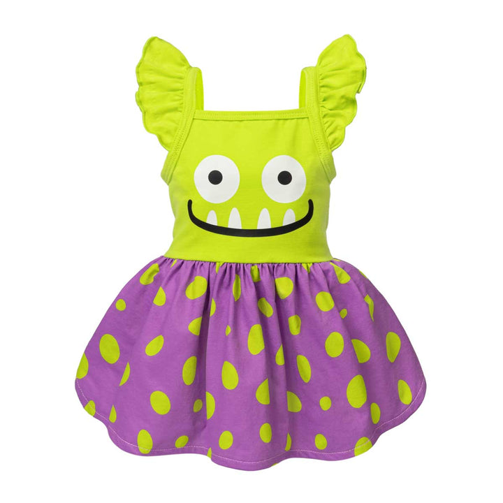 Ruffle dress for dogs with a bright lime green top featuring a monster face graphic, paired with a purple skirt covered in lime green polka dots