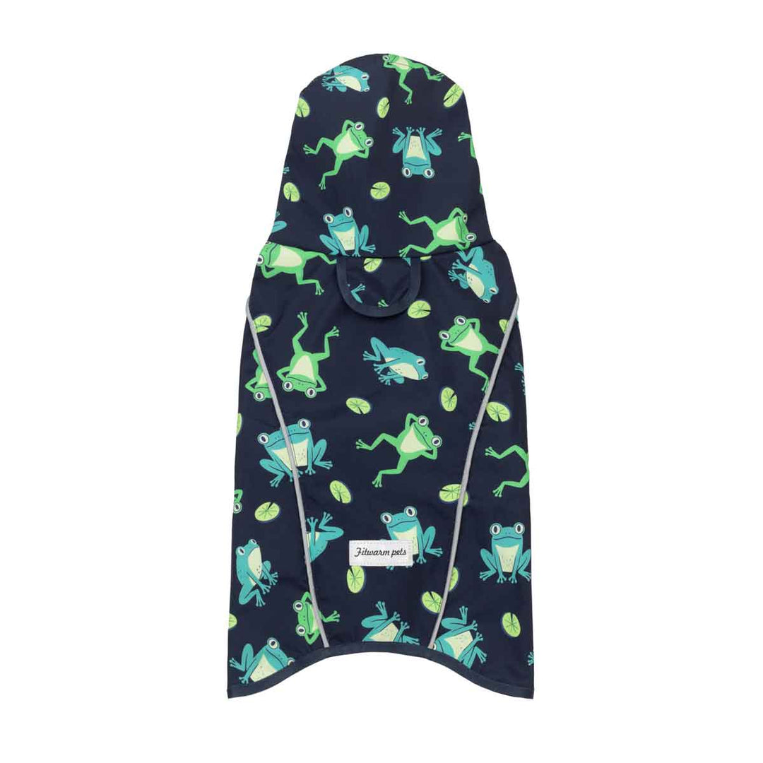 Playful dog raincoat with frog prints on a white background
