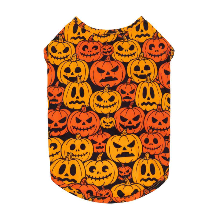 Sleeveless dog Halloween shirt featuring an all-over Jack-o'-lantern print on a white background