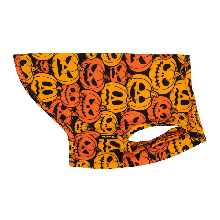 Black dog tank top featuring an all-over Halloween Jack-p'-lantern print in orange and yellow