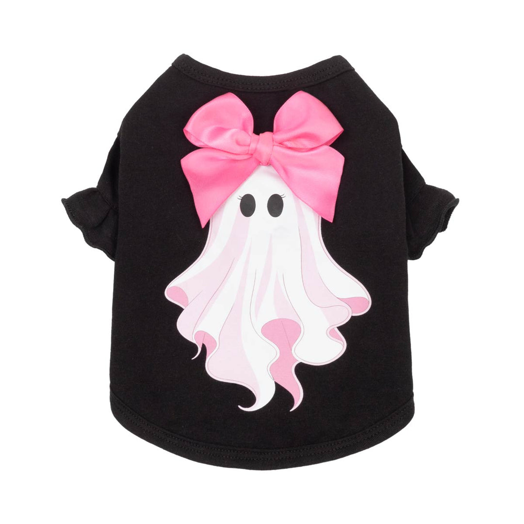 Black short-sleeve dog tshirt featuring a cute ghost graphic on the front